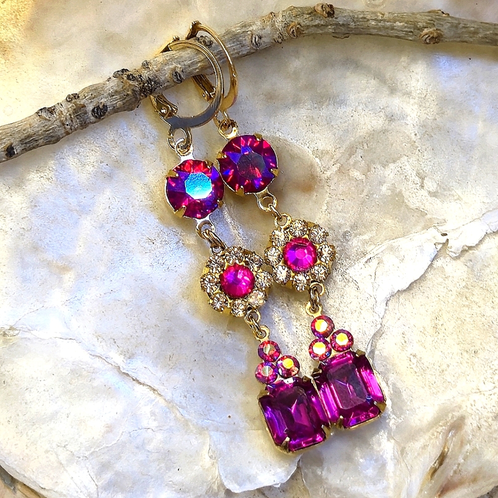 Victorian Fuchsia & Pink AB Swarovski & Flower Crystals In Long Ornate Earrings - Picture 2 of 8